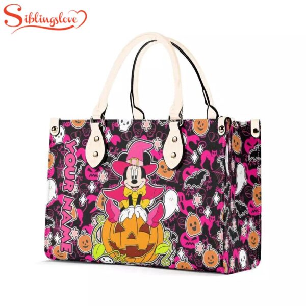 Custom Name Minnie Mouse On Pumpkin Halloween Leather Handbag