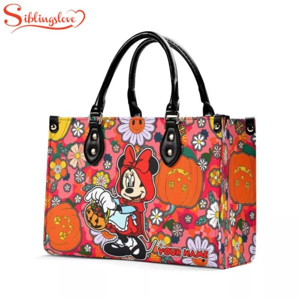 Custom Name Minnie Mouse Pumpkin Flowers Halloween Leather Handbag