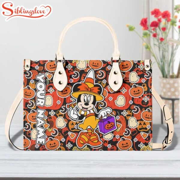 Custom Name Minnie Mouse Pumpkin Halloween Leather Handbag