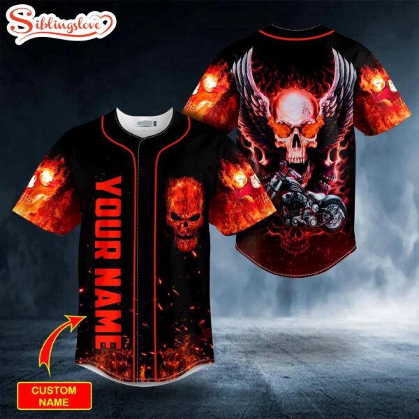 Custom Name Motorcycle Winged Fire Skull Halloween Baseball Jersey Shirt