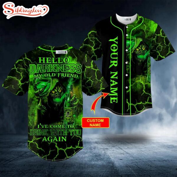 Custom Name My Old Friend Drink Green Grim Reaper Monster Skull Halloween Baseball Jersey Shirt