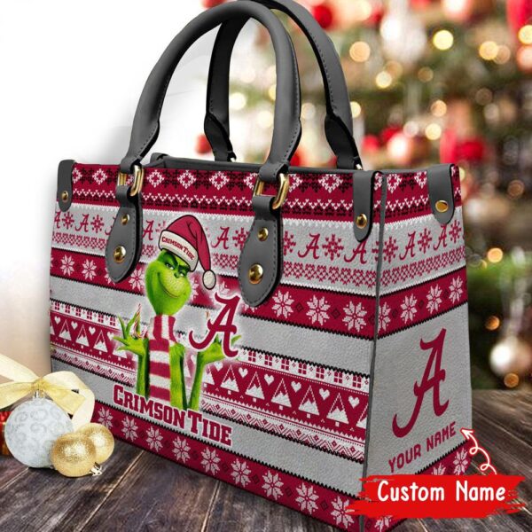 Custom Name NCAA Alabama Crimson Tide Grinch Christmas Women Leather Hand Bag