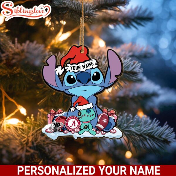 Custom Name NCAA Alabama Crimson Tide Cute Stitch Santa Christmas Ornament