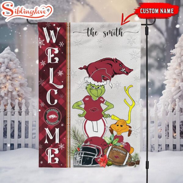 Custom Name NCAA Arkansas Razorbacks Grinch Christmas Welcome Garden And House Flag