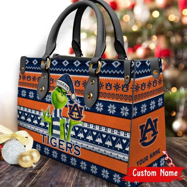 Custom Name NCAA Auburn Tigers Grinch Christmas Women Leather Hand Bag