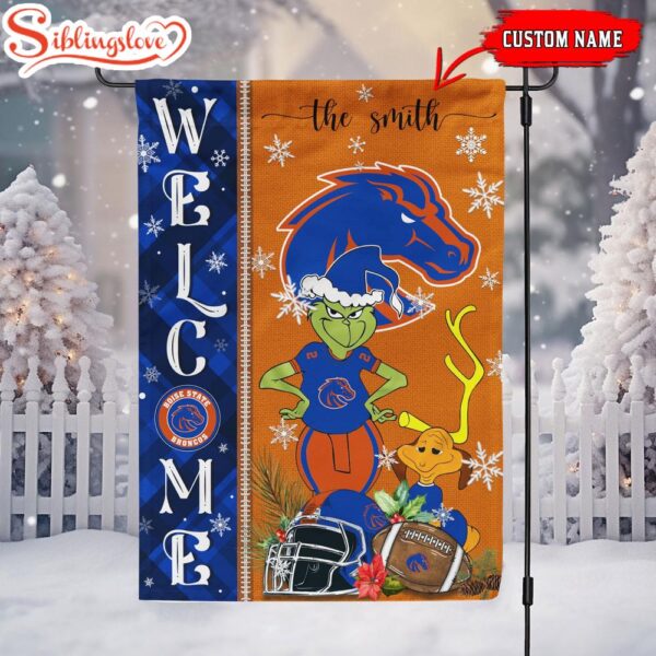 Custom Name NCAA Boise State Broncos Grinch Christmas Welcome Garden And House Flag