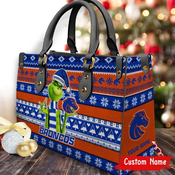 Custom Name NCAA Boise State Broncos Grinch Christmas Women Leather Hand Bag