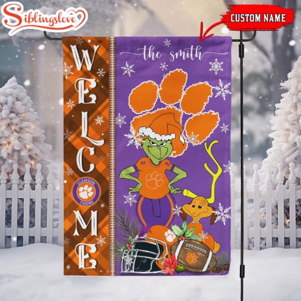 Custom Name NCAA Clemson Tigers Grinch Christmas Welcome Garden And House Flag