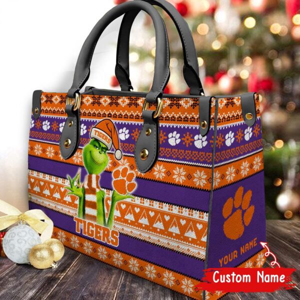 Custom Name NCAA Clemson Tigers Grinch Christmas Women Leather Hand Bag