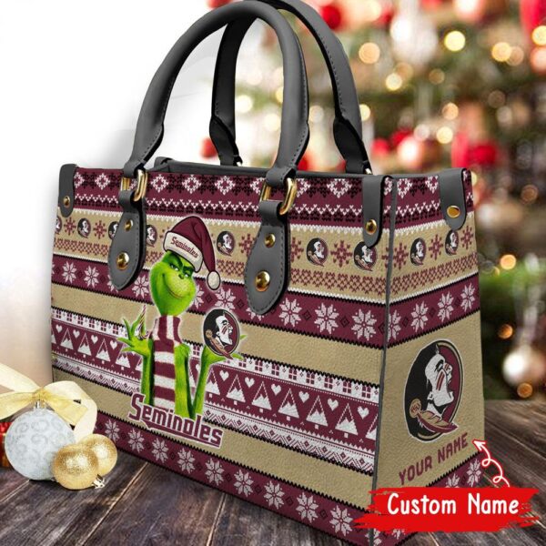 Custom Name NCAA Florida State Seminoles Grinch Christmas Women Leather Hand Bag