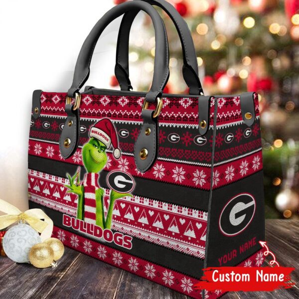 Custom Name NCAA Georgia Bulldogs Grinch Christmas Women Leather Hand Bag