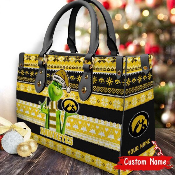 Custom Name NCAA Iowa Hawkeyes Grinch Christmas Women Leather Hand Bag