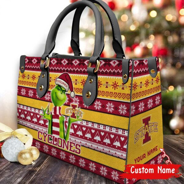 Custom Name NCAA Iowa State Cyclones Grinch Christmas Women Leather Hand Bag