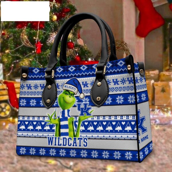 Custom Name NCAA Kentucky Wildcats Grinch Christmas Women Leather Hand Bag