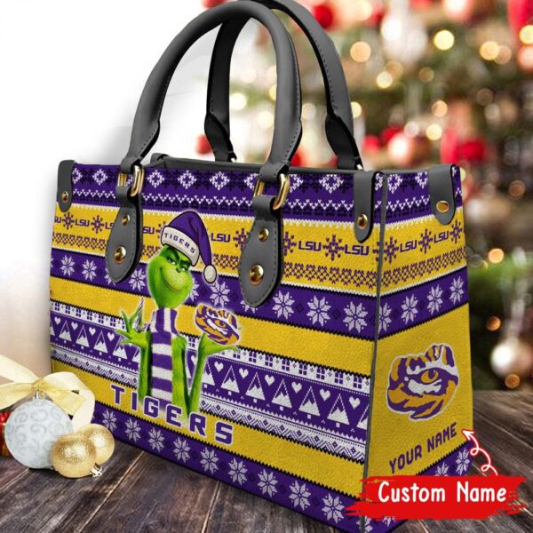 Custom Name NCAA LSU Tigers Grinch Christmas Women Leather Hand Bag