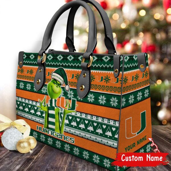 Custom Name NCAA Miami Hurricanes Grinch Christmas Women Leather Hand Bag