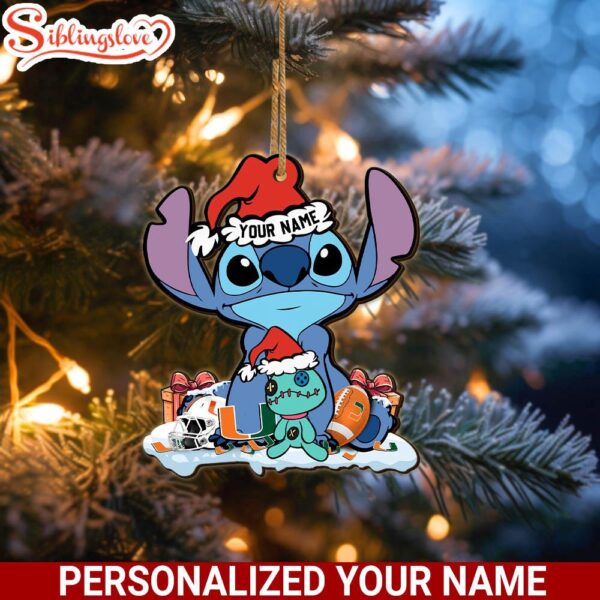 Custom Name NCAA Miami Hurricanes Cute Stitch Santa Christmas Ornament