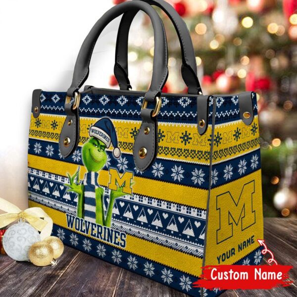 Custom Name NCAA Michigan Wolverines Grinch Christmas Women Leather Hand Bag