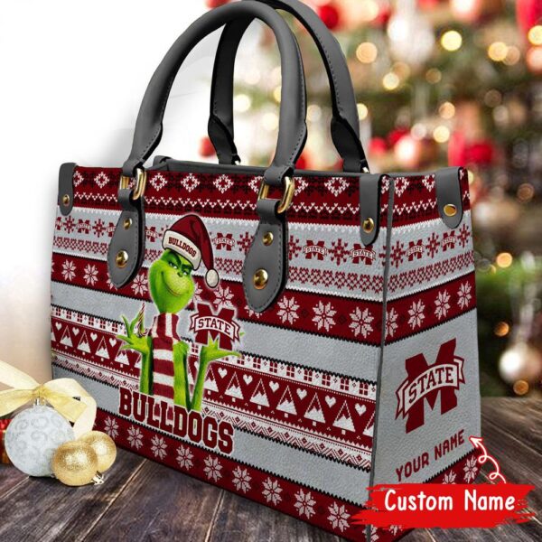 Custom Name NCAA Mississippi State Bulldogs Grinch Christmas Women Leather Hand Bag