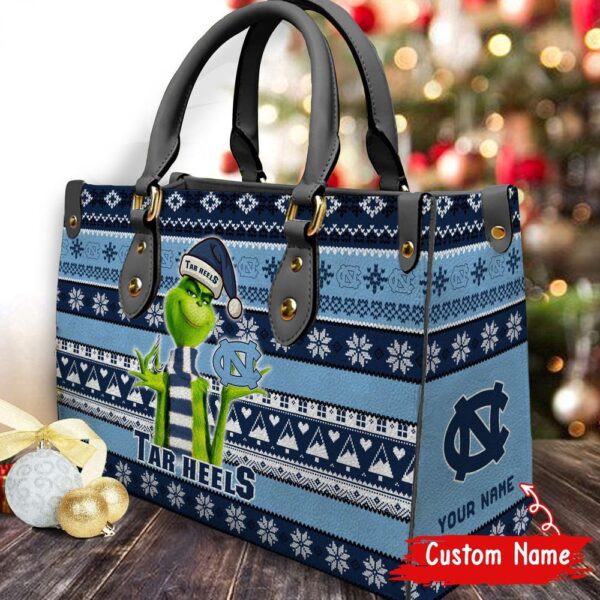 Custom Name NCAA North Carolina Tar Heels Grinch Christmas Women Leather Hand Bag