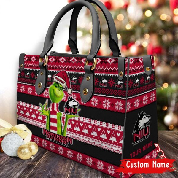 Custom Name NCAA Northern Illinois Huskies Grinch Christmas Women Leather Hand Bag