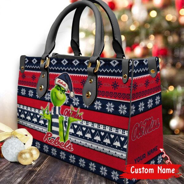 Custom Name NCAA Ole Miss Rebels Grinch Christmas Women Leather Hand Bag