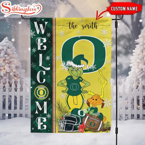 Custom Name NCAA Oregon Ducks Grinch Christmas Welcome Garden And House Flag