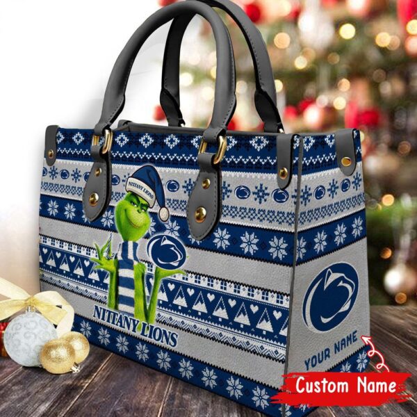 Custom Name NCAA Penn State Nittany Lions Grinch Christmas Women Leather Hand Bag