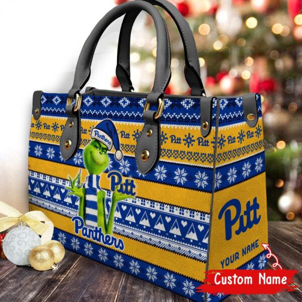 Custom Name NCAA Pittsburgh Panthers Grinch Christmas Women Leather Hand Bag