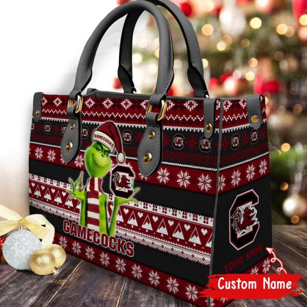 Custom Name NCAA South Carolina Gamecocks Grinch Christmas Women Leather Hand Bag