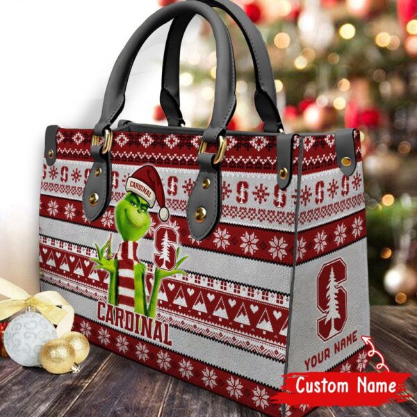 Custom Name NCAA Stanford Cardinal Grinch Christmas Women Leather Hand Bag