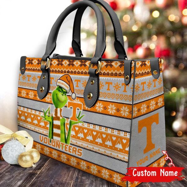 Custom Name NCAA Tennessee Volunteers Grinch Christmas Women Leather Hand Bag