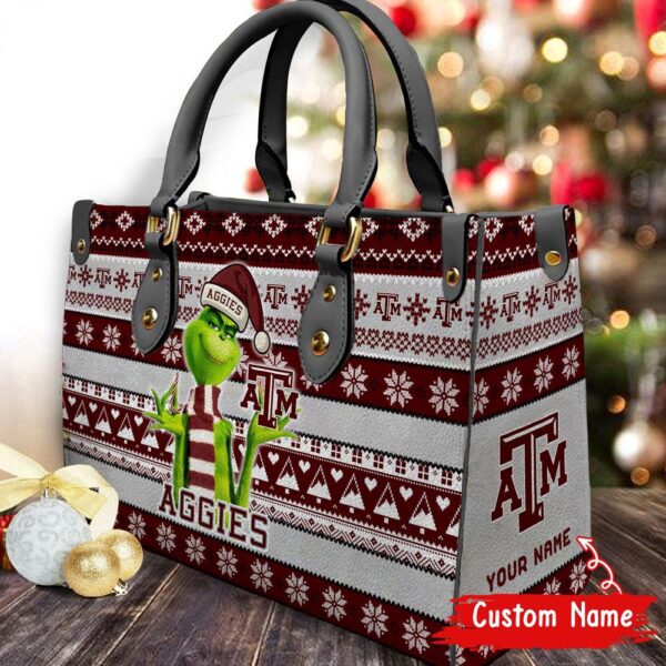 Custom Name NCAA Texas A&M Aggies Grinch Christmas Women Leather Hand Bag