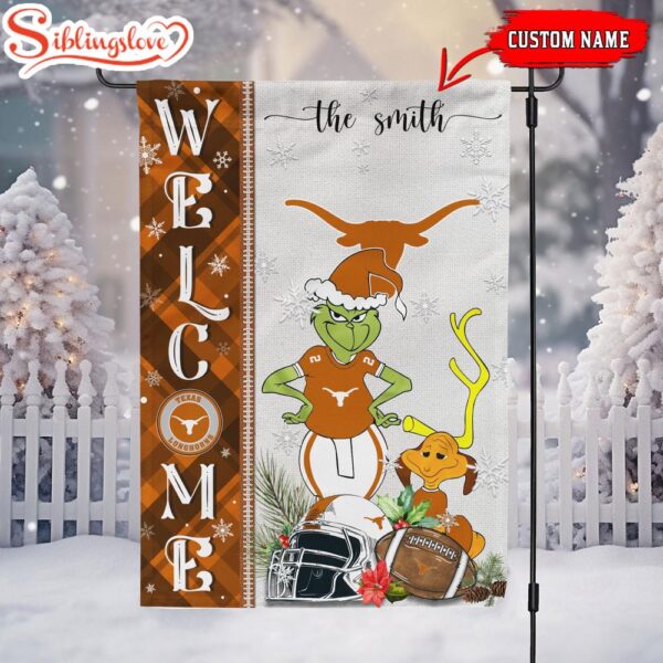 Custom Name NCAA Texas Longhorns Grinch Christmas Welcome Garden And House Flag