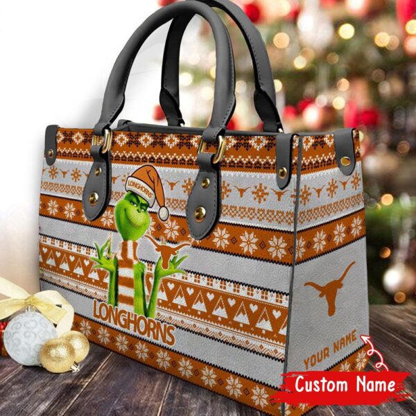 Custom Name NCAA Texas Longhorns Grinch Christmas Women Leather Hand Bag