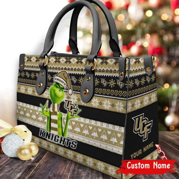 Custom Name NCAA UCF Knights Grinch Christmas Women Leather Hand Bag