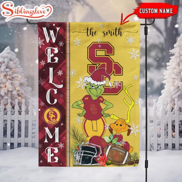 Custom Name NCAA USC Trojans Grinch Christmas Welcome Garden And House Flag