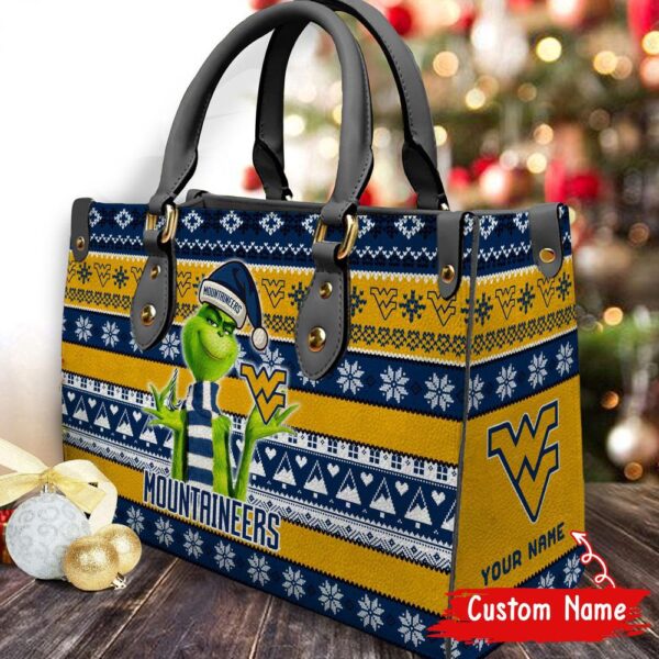 Custom Name NCAA West Virginia Mountaineers Grinch Christmas Women Leather Hand Bag