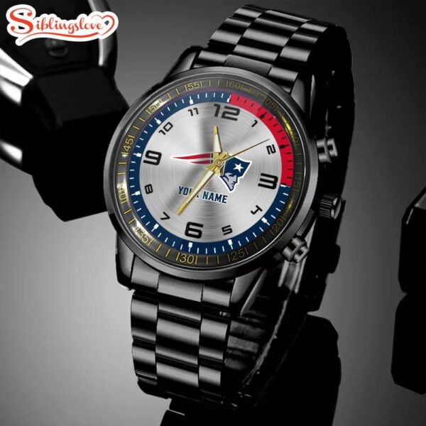 Custom Name New England Patriots NFL Black Stainless Steel Watch Gifts For Fans