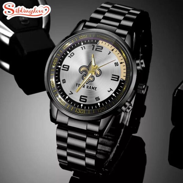 Custom Name New Orleans Saints NFL Black Stainless Steel Watch Gifts For Fans