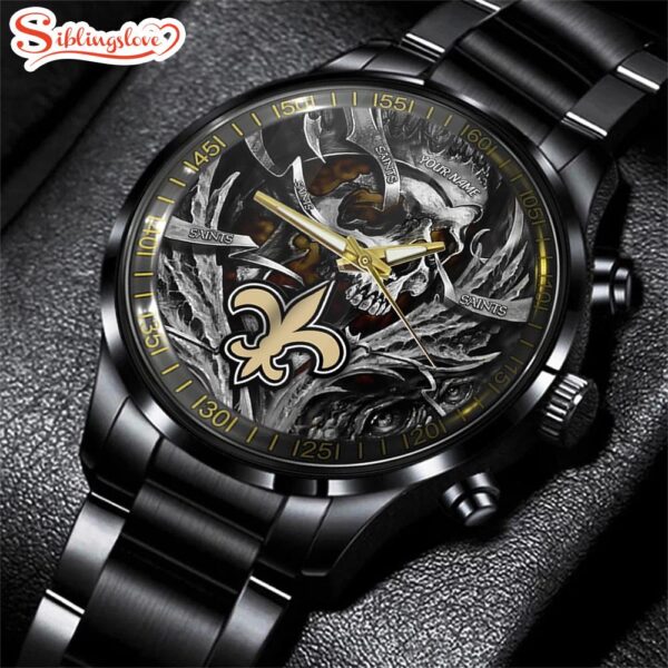 Custom Name  New Orleans Saints NFL Men Black Stainless Steel Watch Gift For Fans