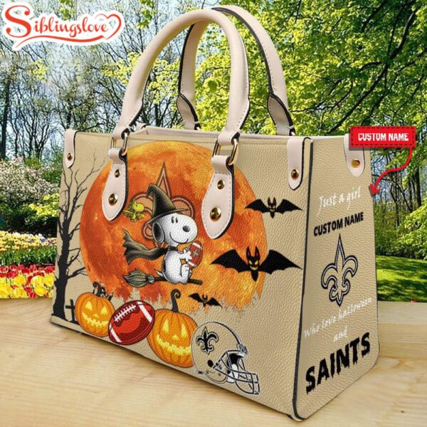 Custom Name New Orleans Saints NFL Snoopy Halloween Women Leather Hand Bag