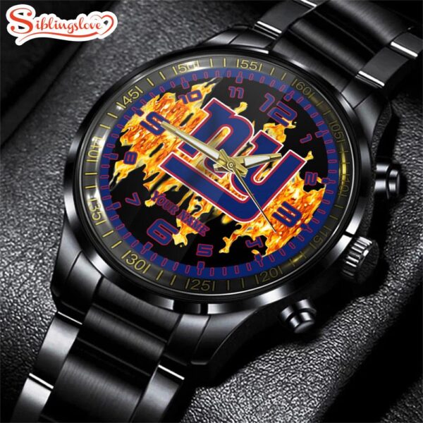 Custom Name  New York Giants NFL 3D Men  Black Stainless Steel Watch Gift For Fans