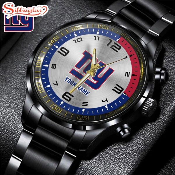 Custom Name  New York Giants NFL Black Stainless Steel Watch Gifts For Fans