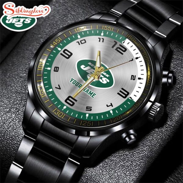 Custom Name  New York Jets NFL Black Stainless Steel Watch Gifts For Fans