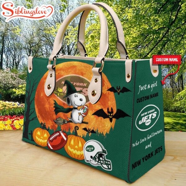 Custom Name New York Jets NFL Snoopy Halloween Women Leather Hand Bag