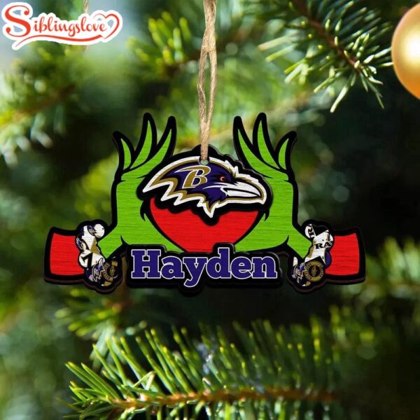 Custom Name NFL Baltimore Ravens Football Team Grinch Hand Christmas Ornament