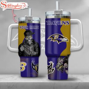 Custom Name NFL Baltimore Ravens Gangster Skeleton Halloween 40oz Tumbler With Handle