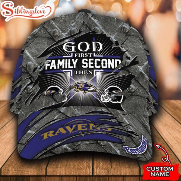 Custom Name NFL Baltimore Ravens God First Family Second All Over Print 3D Classic Cap