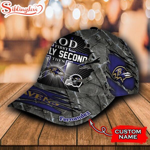 Custom Name NFL Baltimore Ravens God First Family Second All Over Print 3D Classic Cap